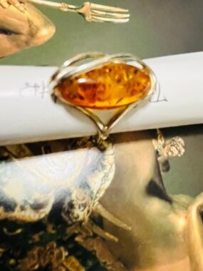 Amber Cabochon sterling Silver 925 Ring - Women Jewelry